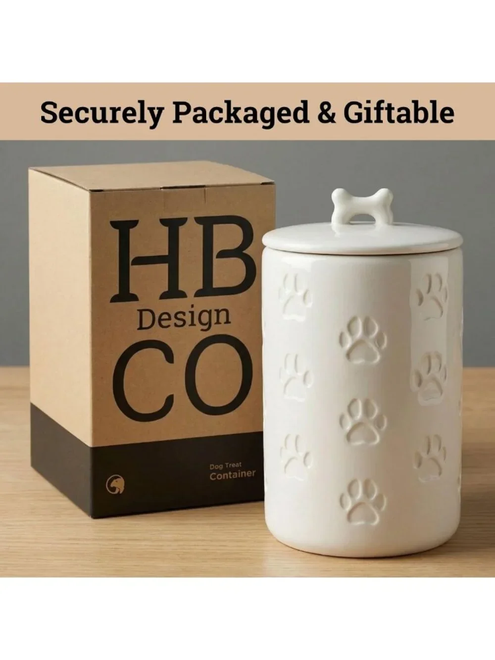 Airtight Dog Treat Jar - 7 Cup Capacity Ceramic Canister for Kitchen - Cute